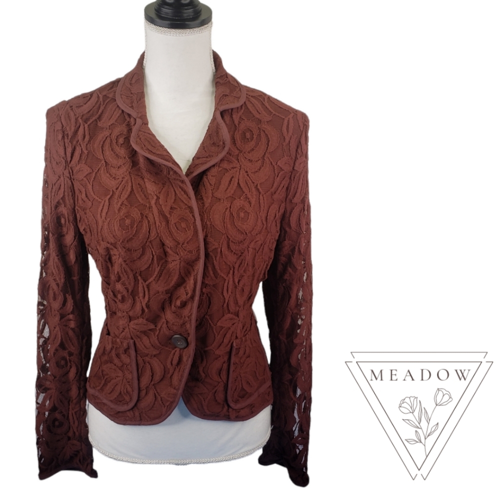 INC Womens Blazer Brown Lace Top Offics Professional Medium NEW Cotton Chic